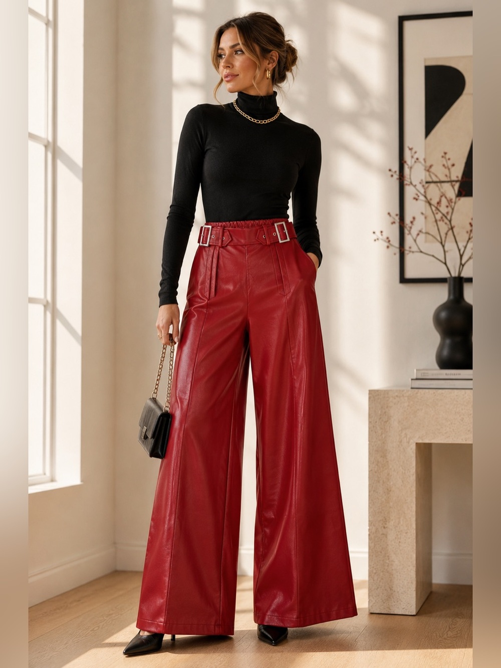 NWT Uoozee Red Faux Leather High Rise Wide Leg Belted Pants Medium